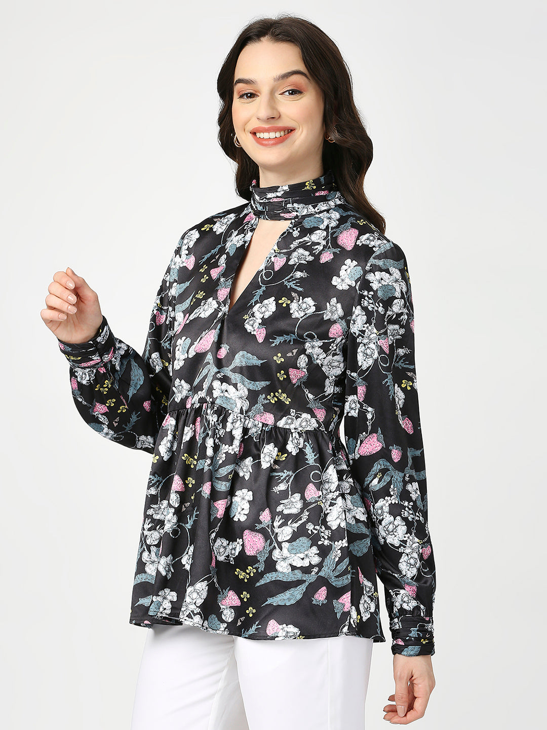 Black Floral Satin Full Sleeves Top