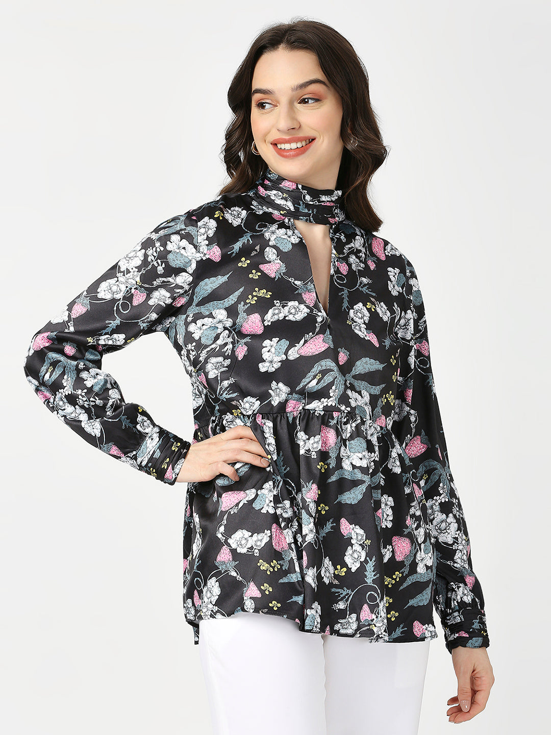 Black Floral Satin Full Sleeves Top