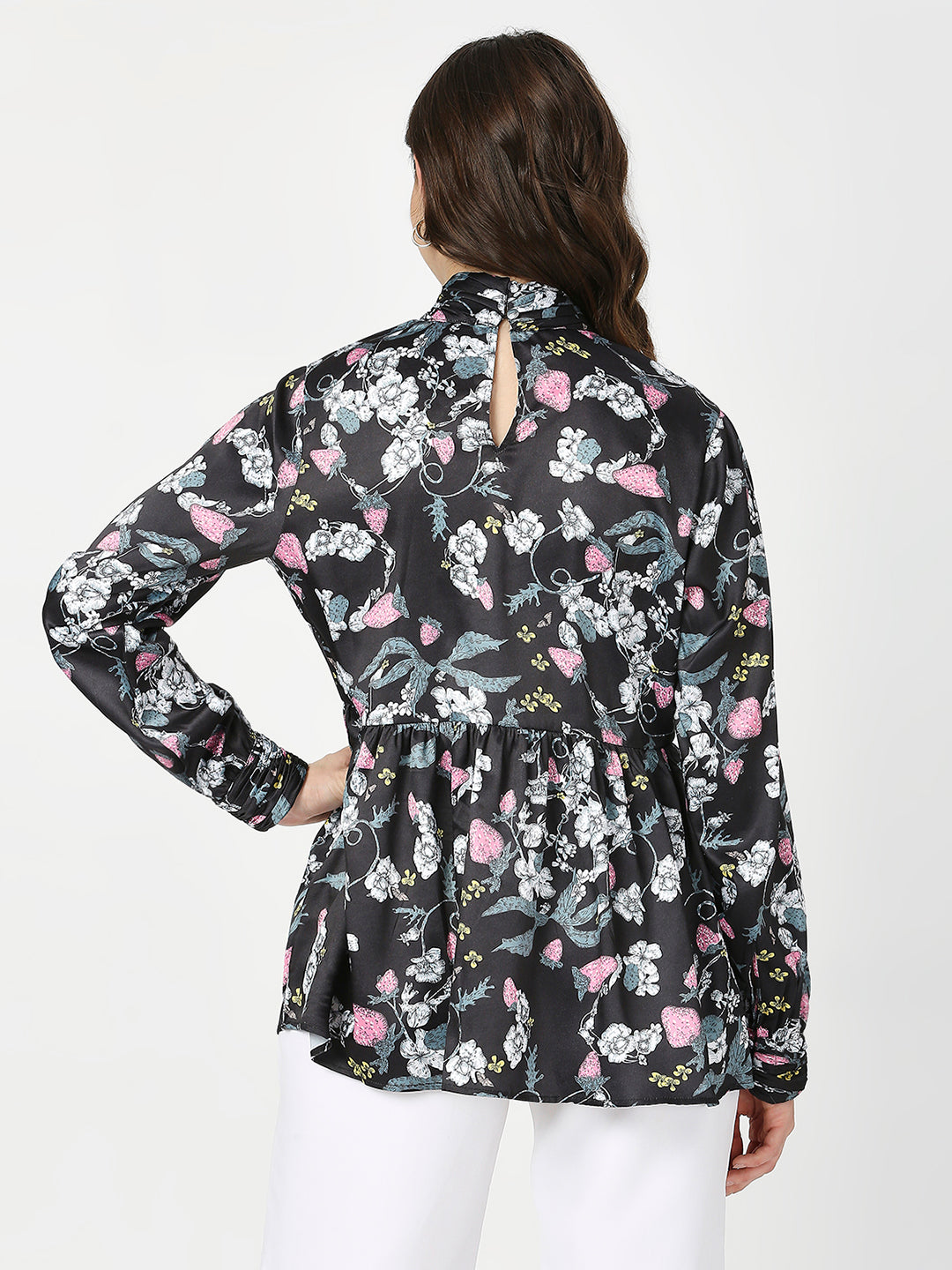 Black Floral Satin Full Sleeves Top