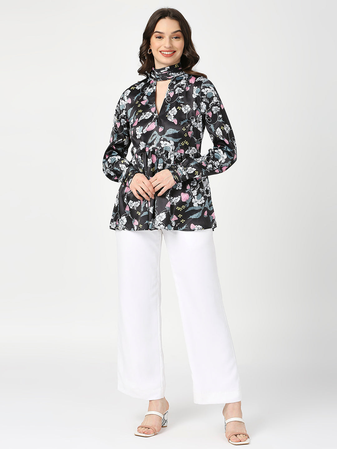 Black Floral Satin Full Sleeves Top