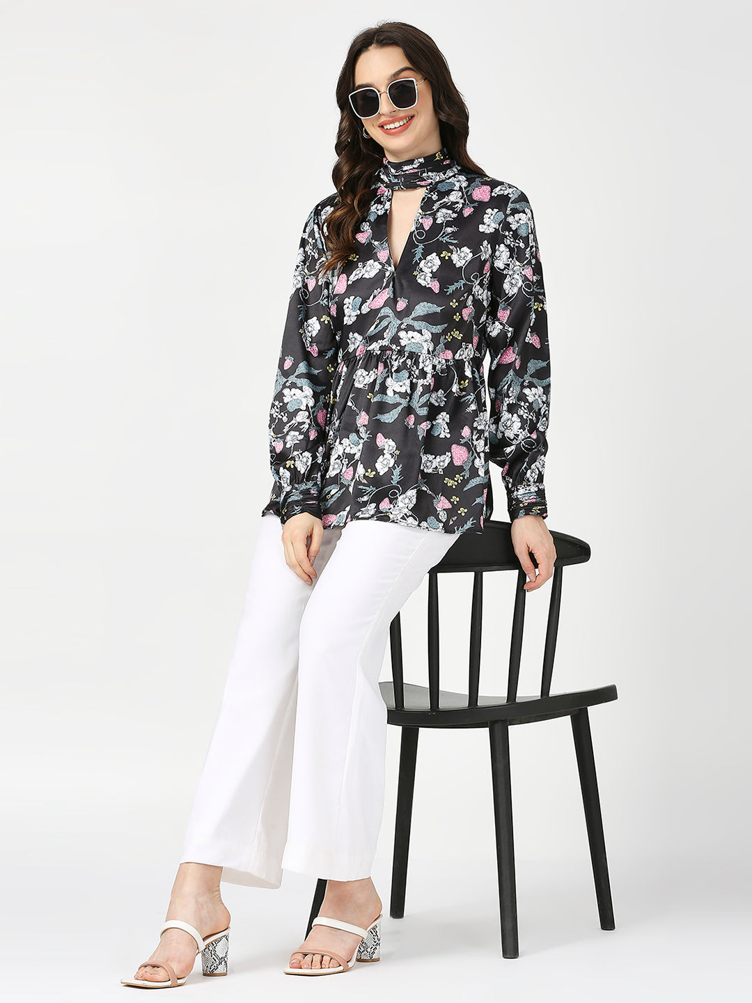 Black Floral Satin Full Sleeves Top