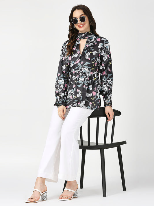 Black Floral Satin Full Sleeves Top