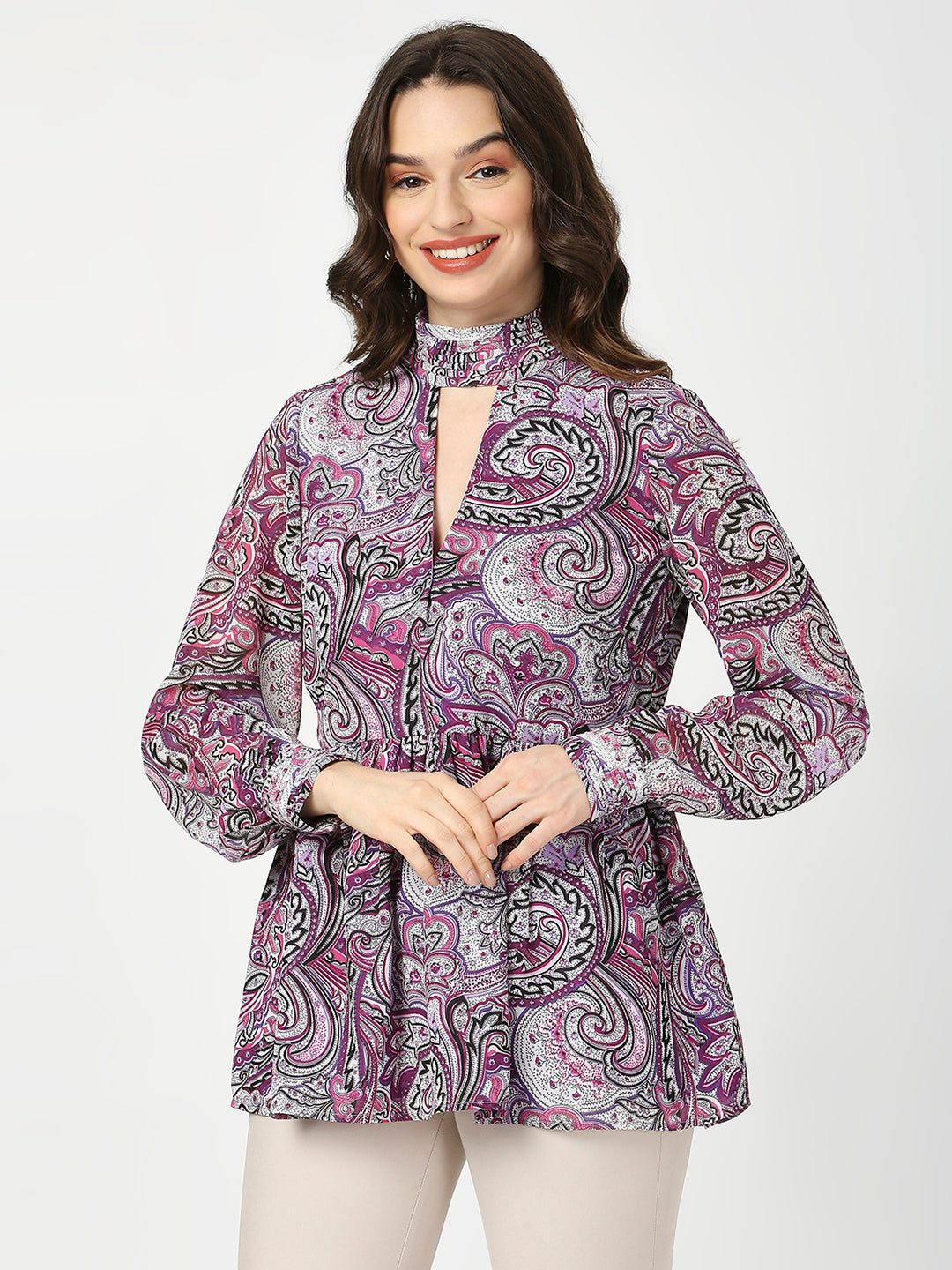 Purple Floral Satin Full Sleeves Top