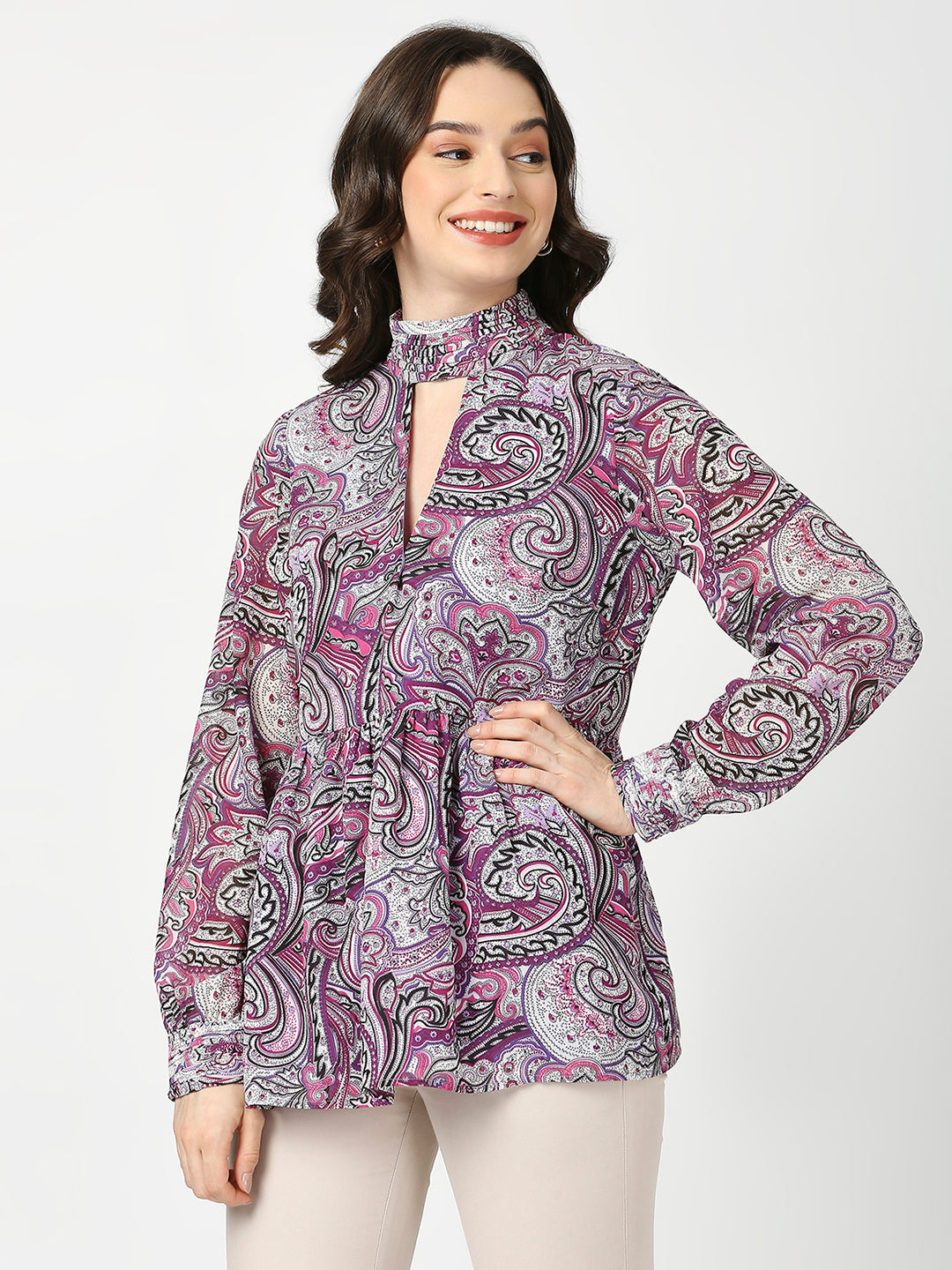 Purple Floral Satin Full Sleeves Top