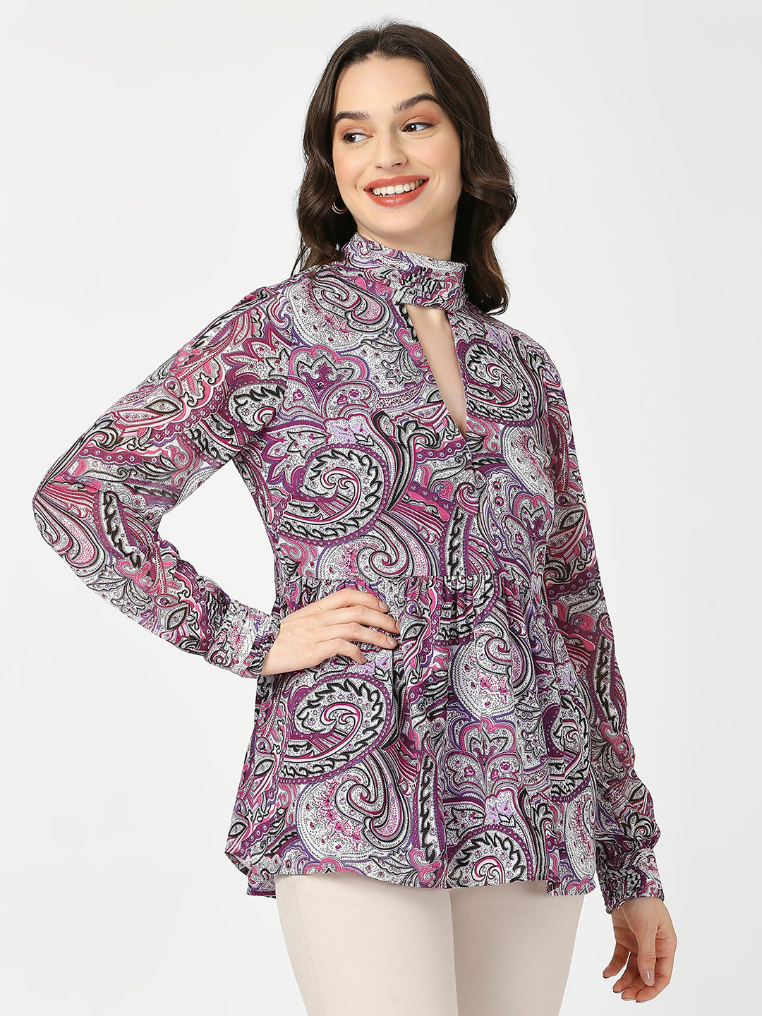 Purple Floral Satin Full Sleeves Top