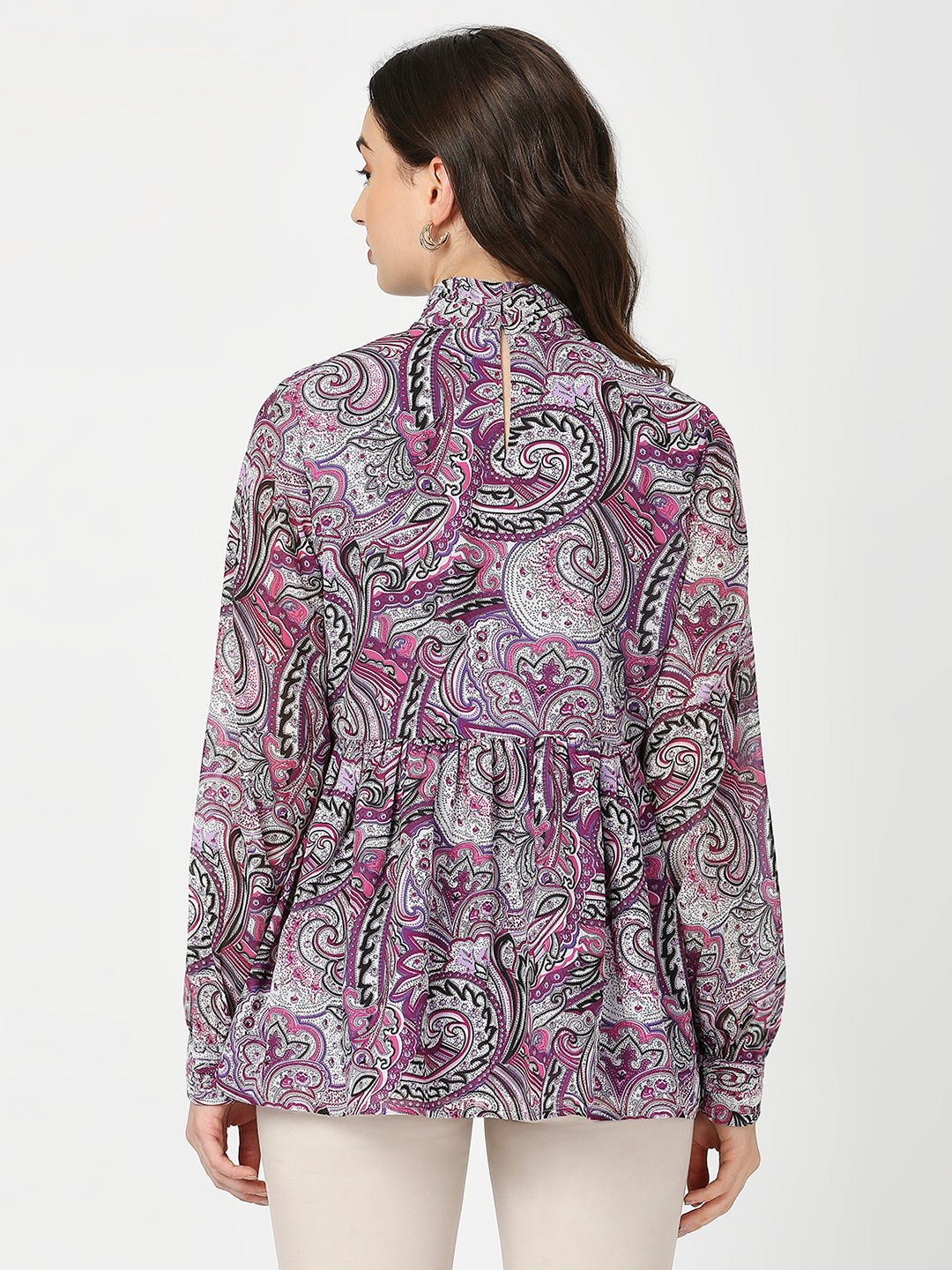 Purple Floral Satin Full Sleeves Top