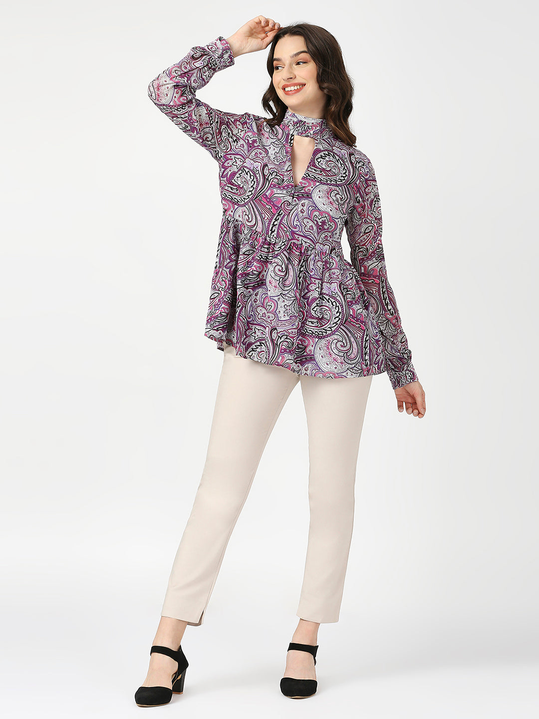 Purple Floral Satin Full Sleeves Top