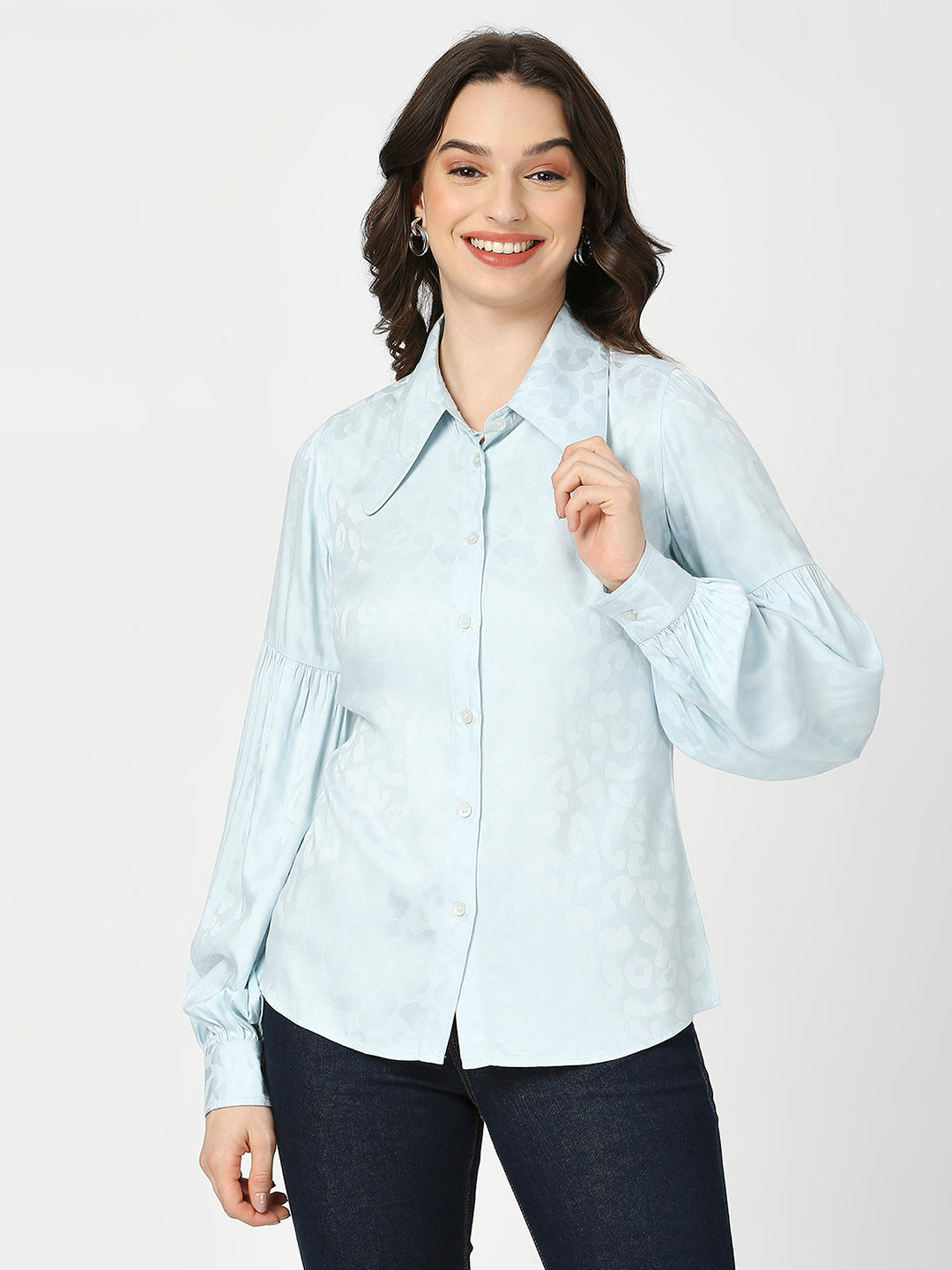 Butterfly Collared Printed Sky Blue Full Sleeves Shirt