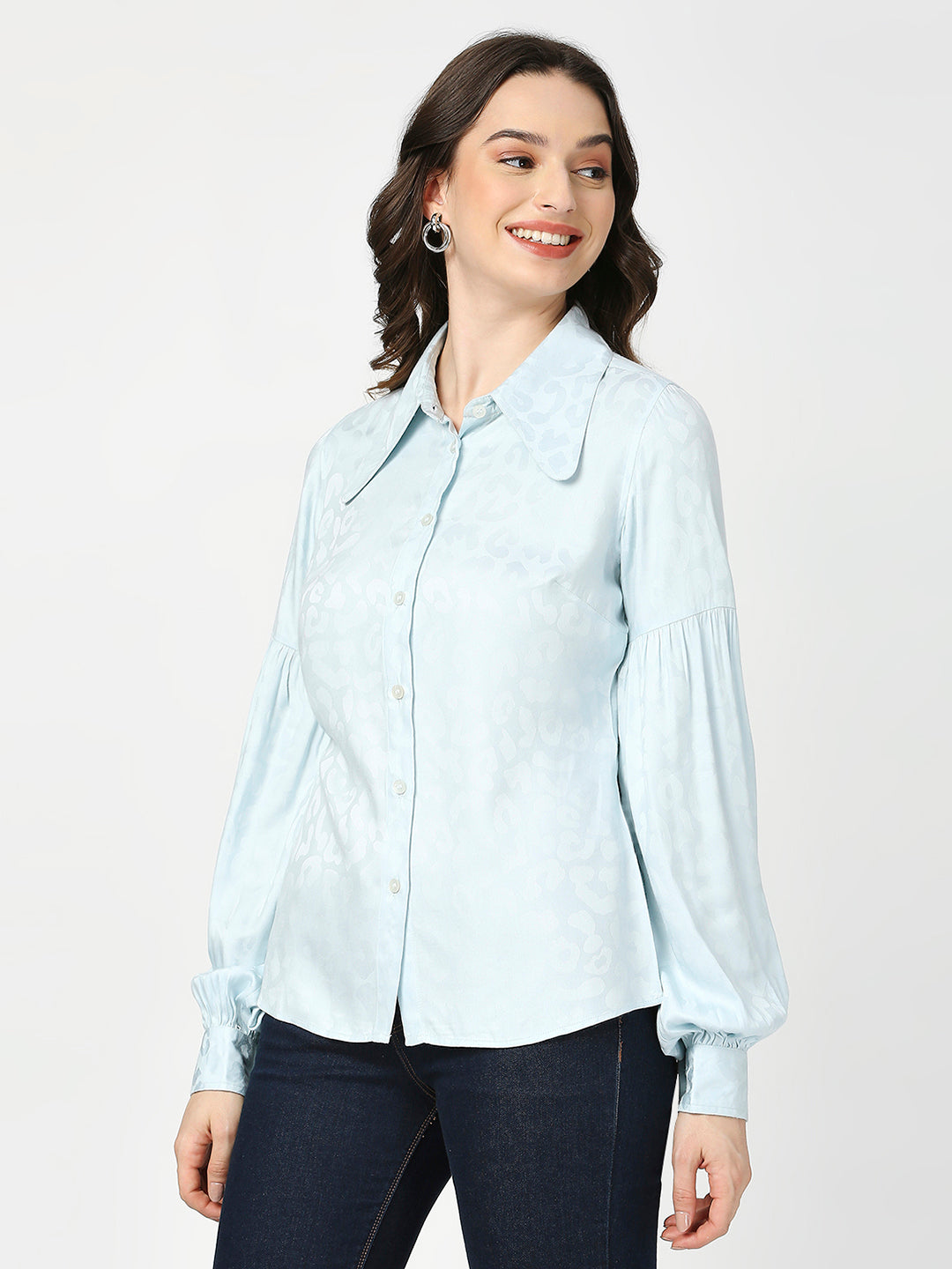 Butterfly Collared Printed Sky Blue Full Sleeves Shirt