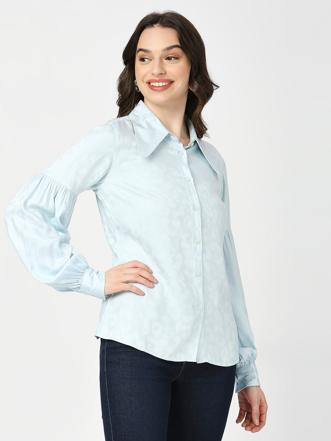 Butterfly Collared Printed Sky Blue Full Sleeves Shirt