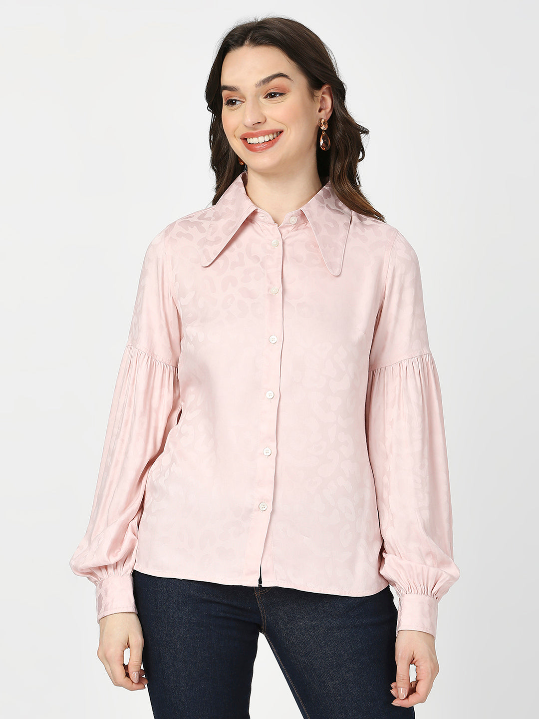 Butterfly Collared Printed Baby Pink Full Sleeves Shirt