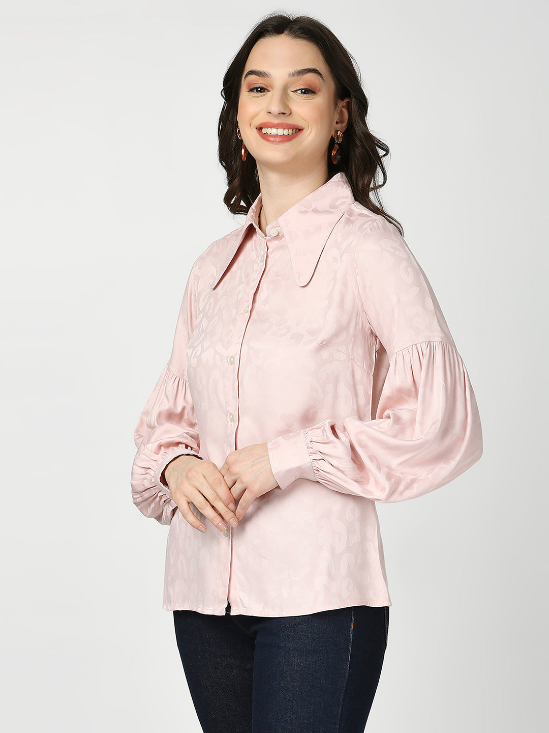 Butterfly Collared Printed Baby Pink Full Sleeves Shirt