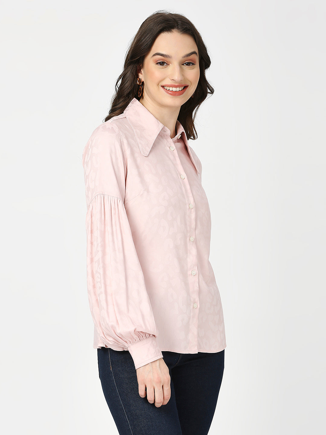 Butterfly Collared Printed Baby Pink Full Sleeves Shirt