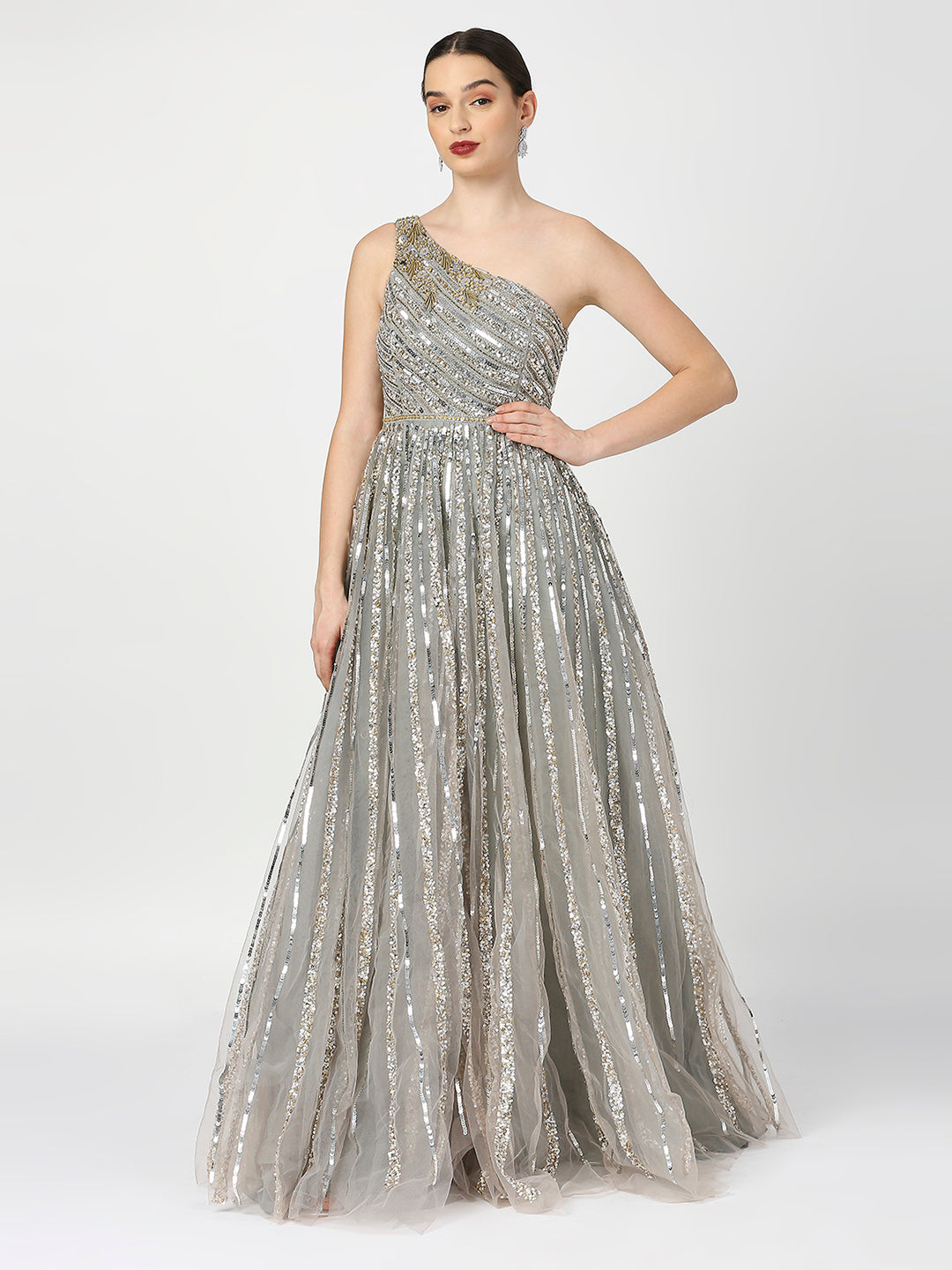 Asymmetrical Neckline Silver Grey Embellished Cocktail Gown