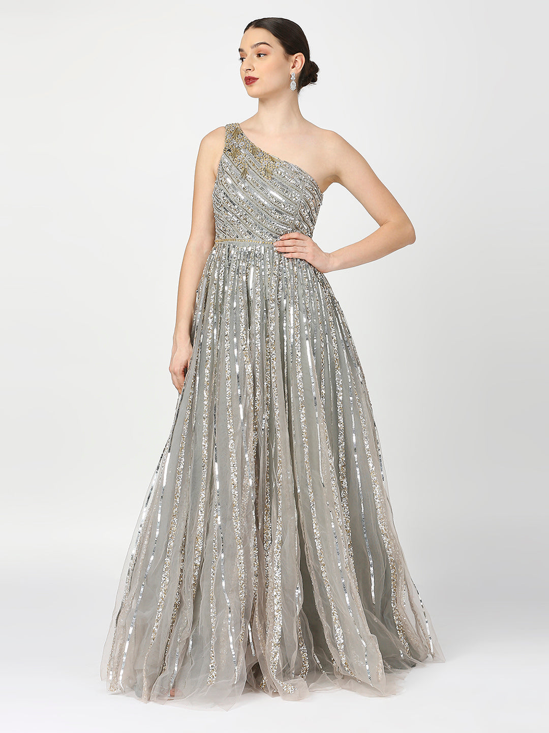 Asymmetrical Neckline Silver Grey Embellished Cocktail Gown