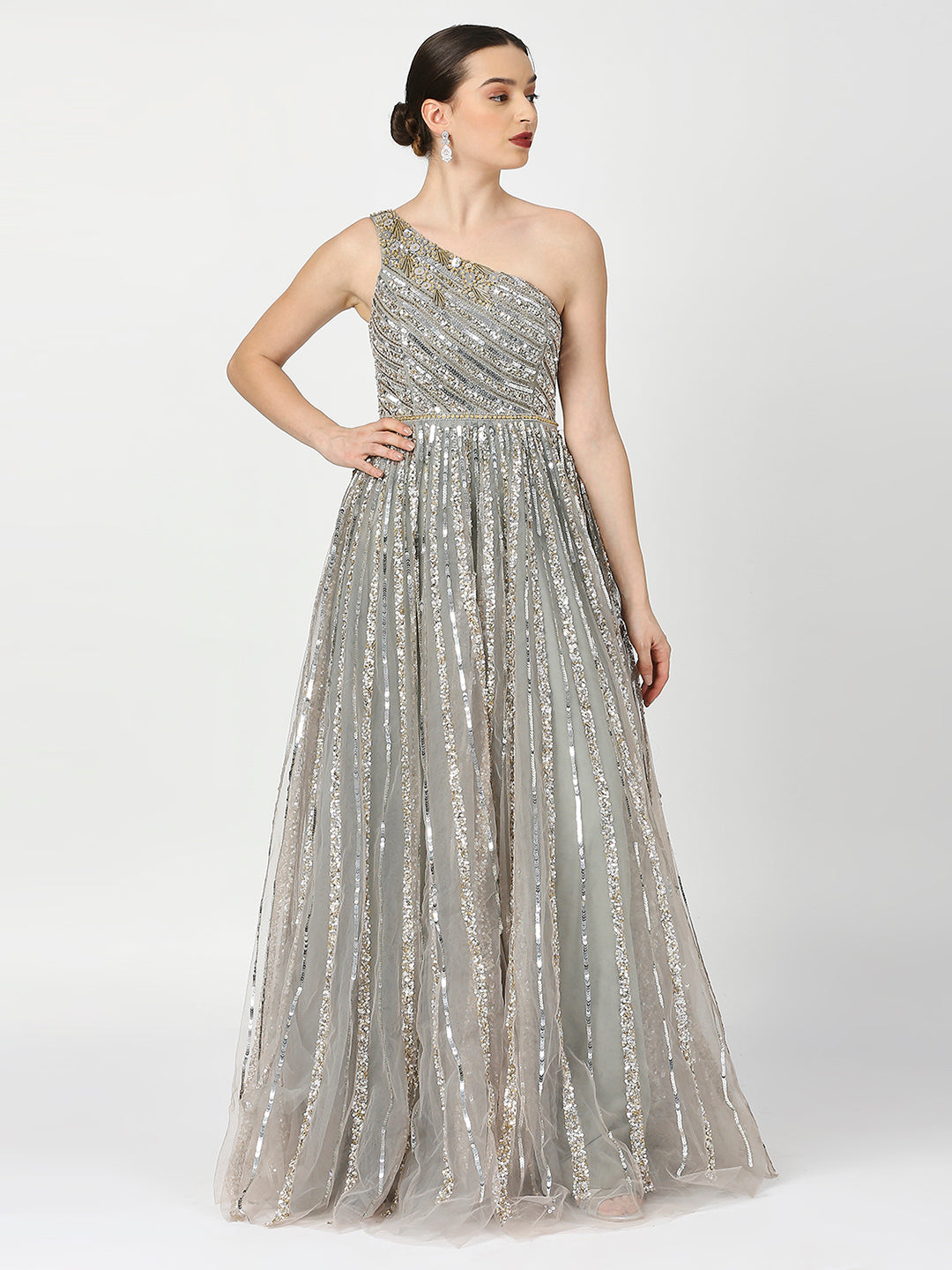 Asymmetrical Neckline Silver Grey Embellished Cocktail Gown