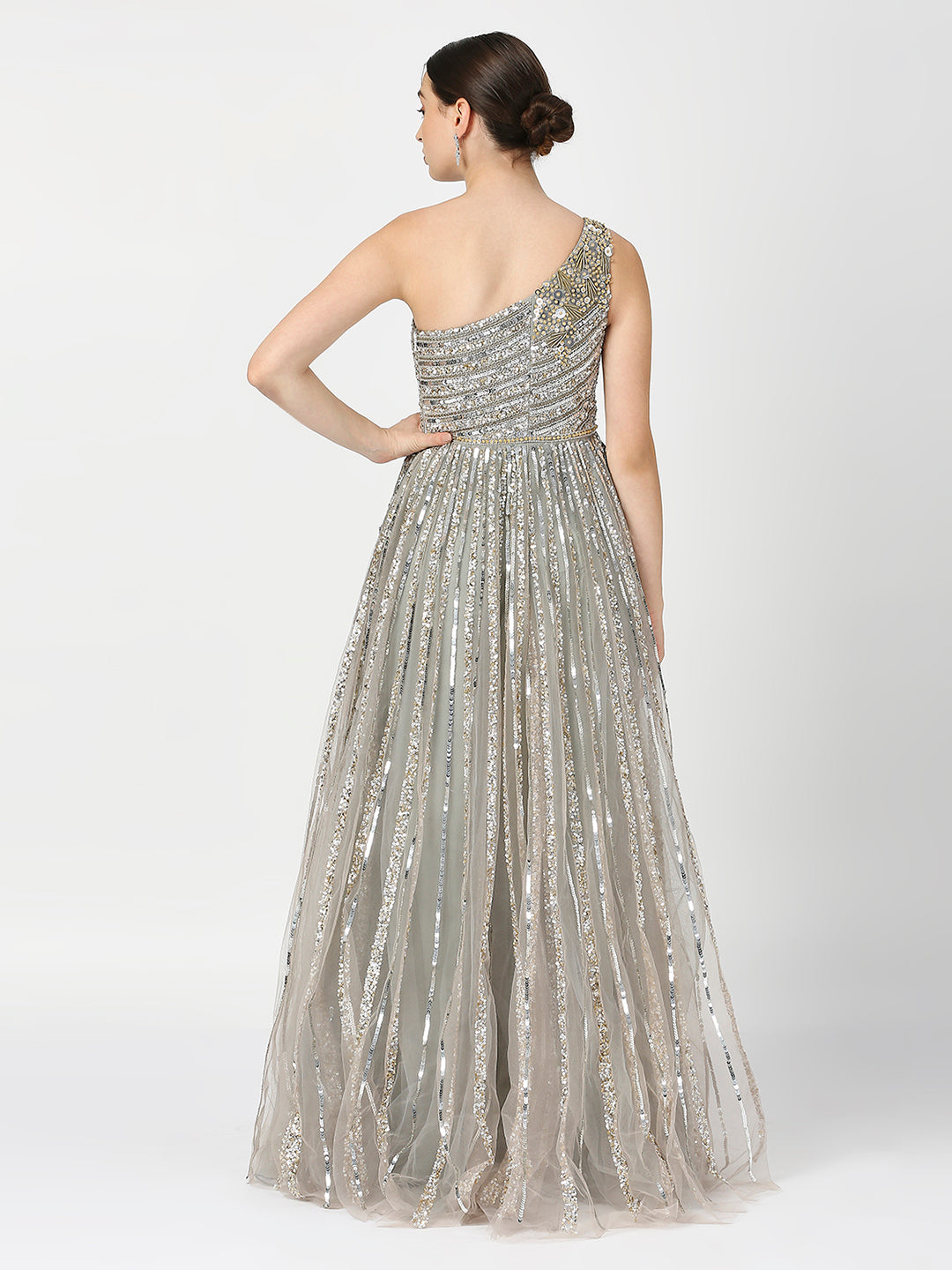 Asymmetrical Neckline Silver Grey Embellished Cocktail Gown