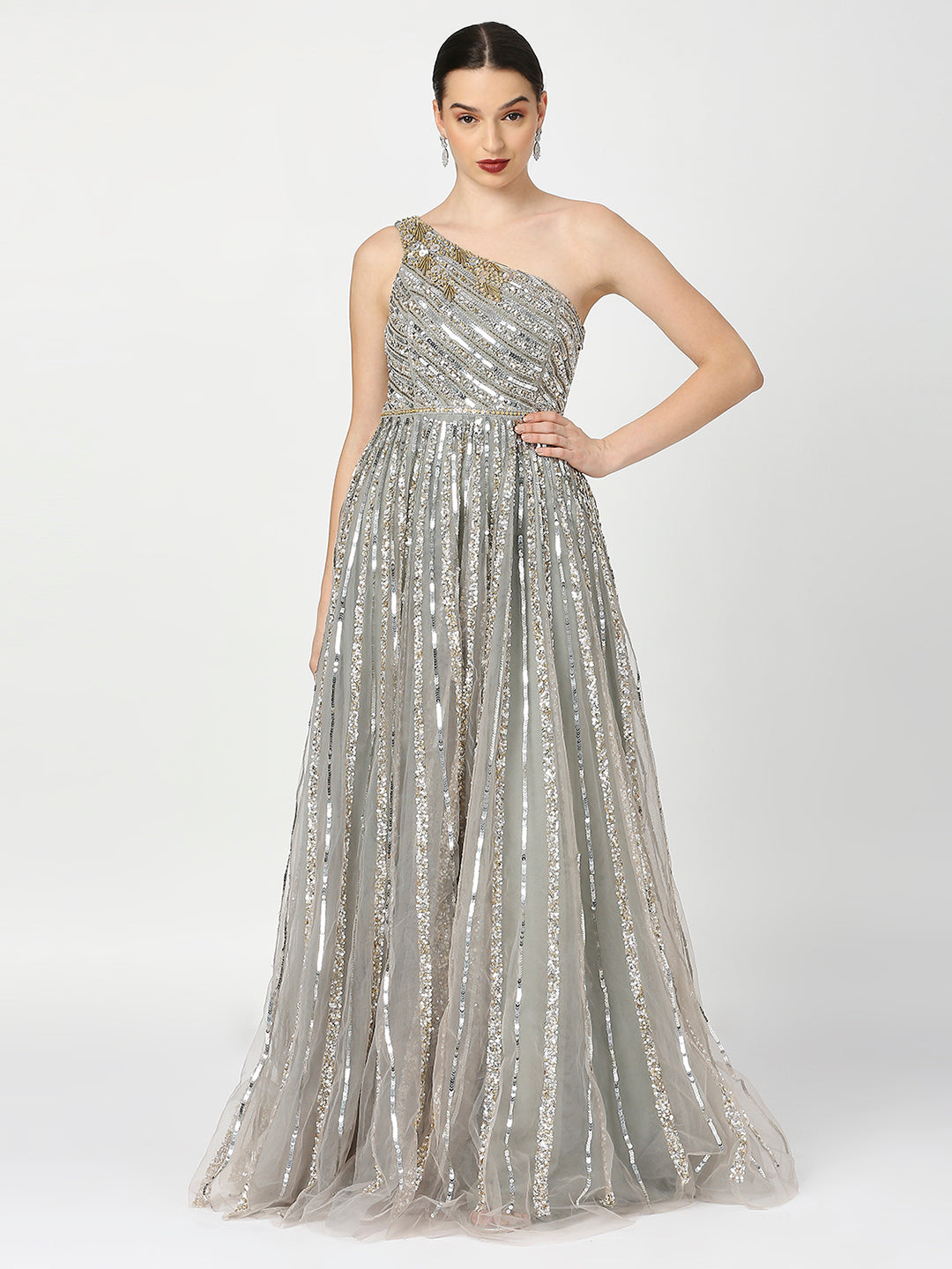 Asymmetrical Neckline Silver Grey Embellished Cocktail Gown