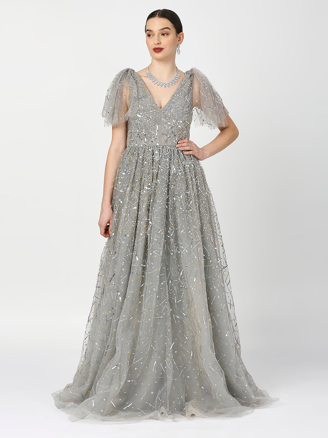 Princess Silver Embellished Gown with Tulip Sleeves