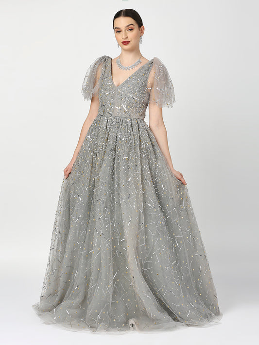 Princess Silver Embellished Gown with Tulip Sleeves