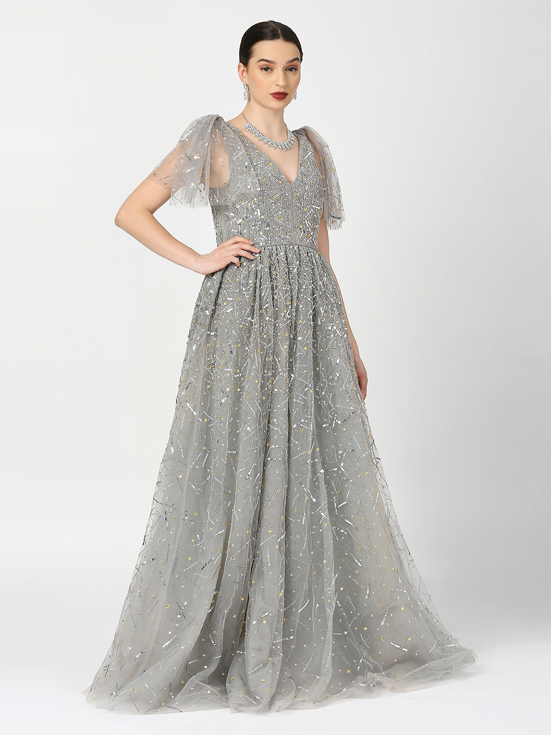 Princess Silver Embellished Gown with Tulip Sleeves