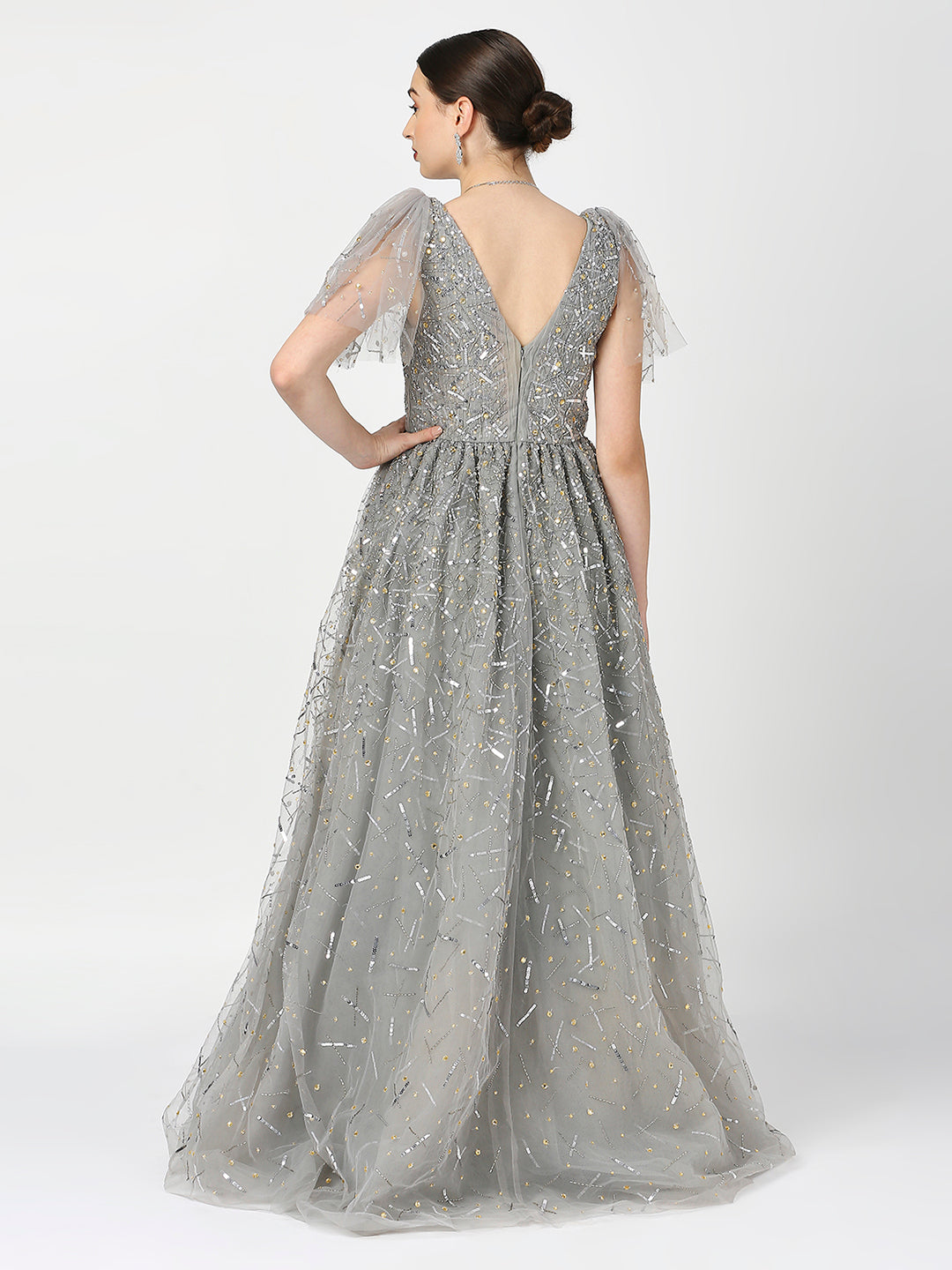 Princess Silver Embellished Gown with Tulip Sleeves