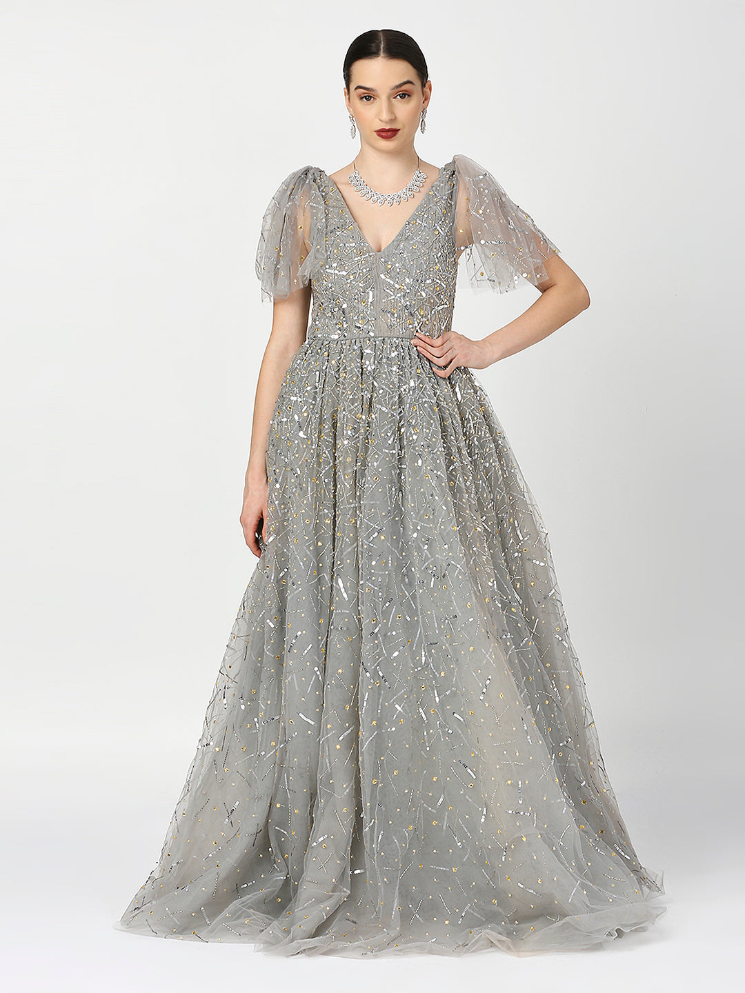 Princess Silver Embellished Gown with Tulip Sleeves