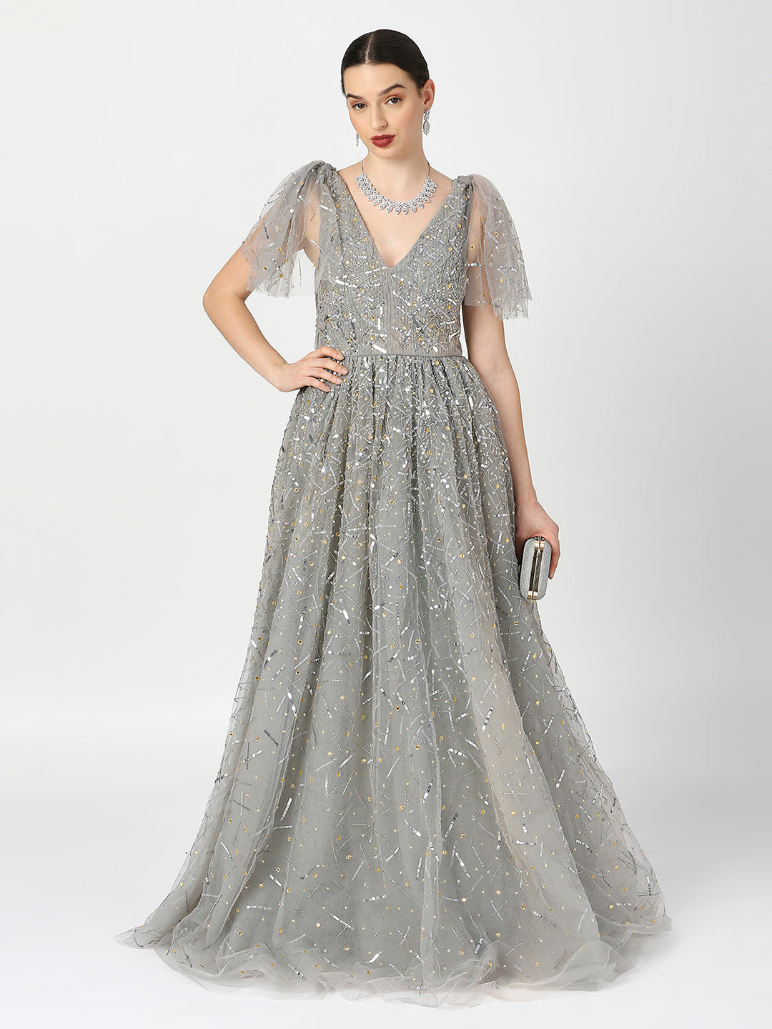 Princess Silver Embellished Gown with Tulip Sleeves