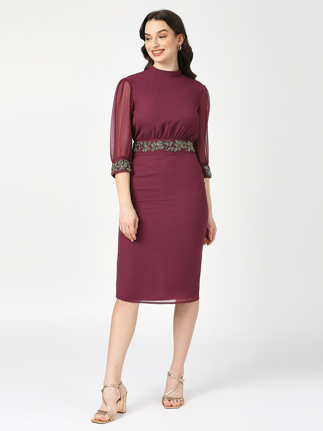 Maroon Embellished Midi Dress