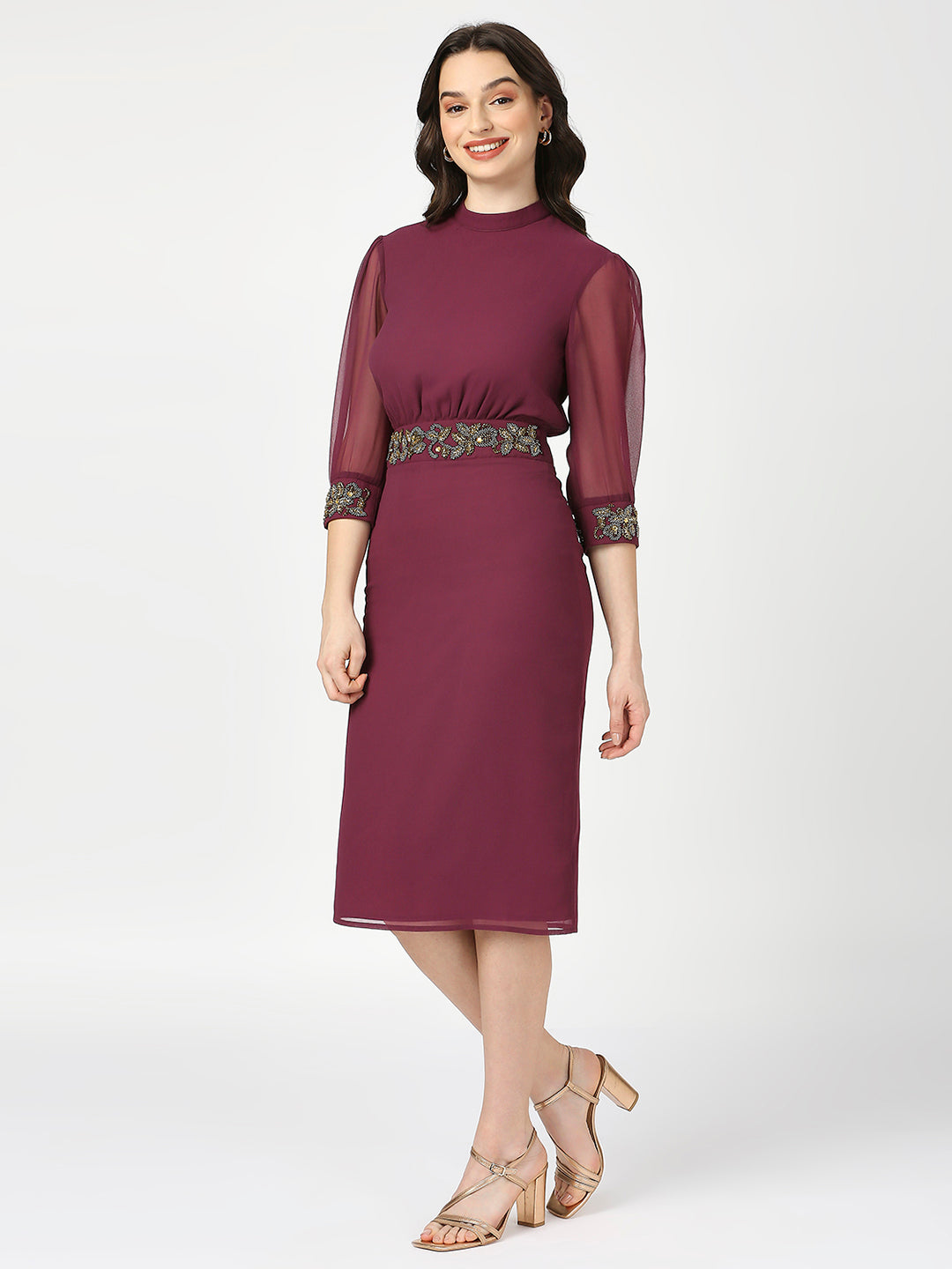 Maroon Embellished Midi Dress