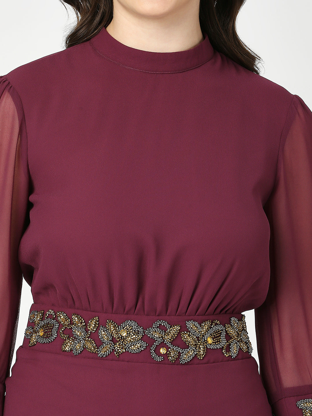 Maroon Embellished Midi Dress