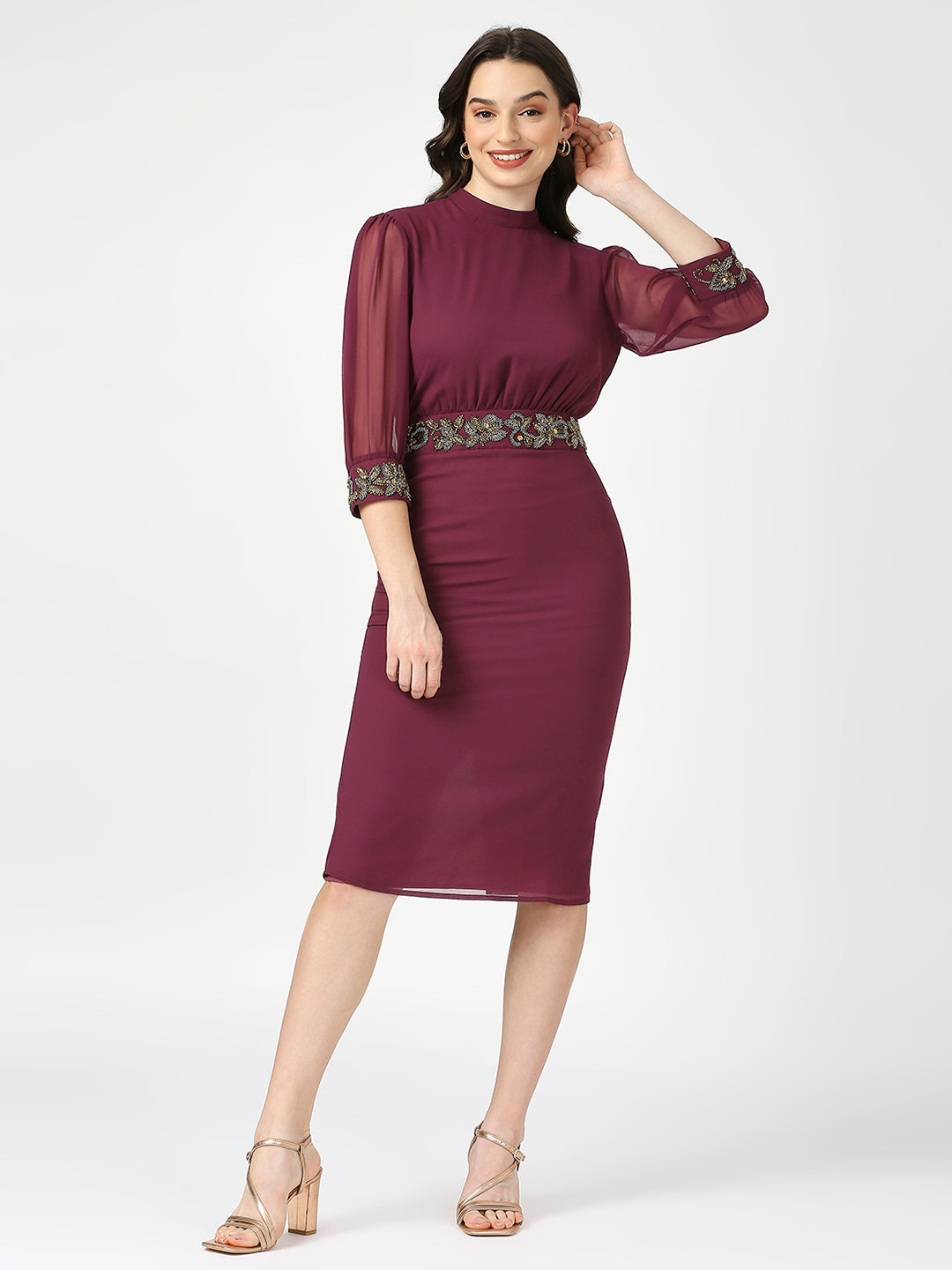 Maroon Embellished Midi Dress