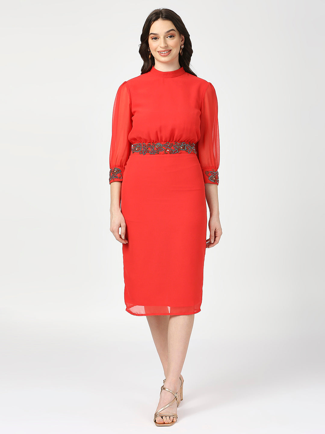 Red Embellished Midi Dress