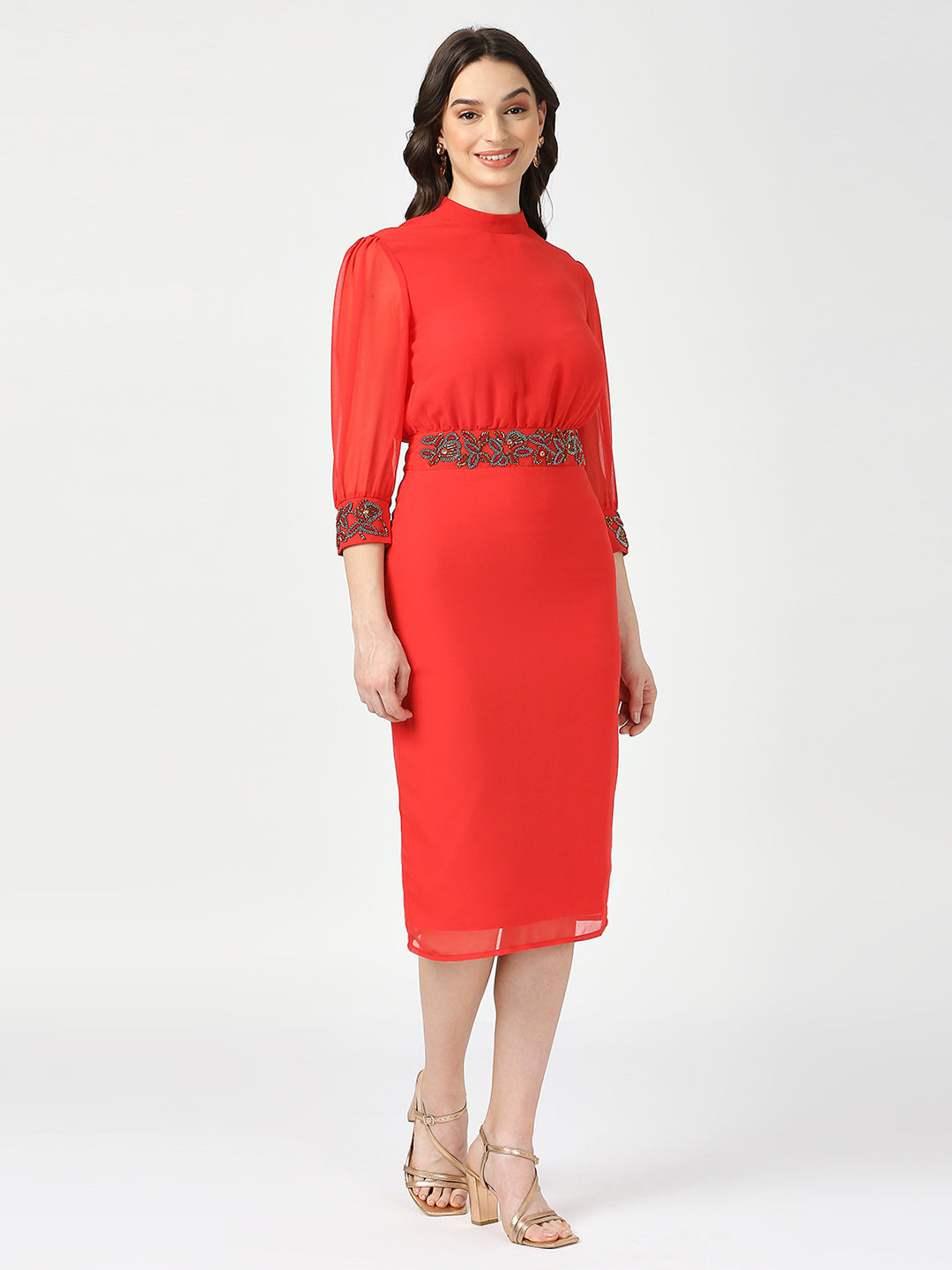 Red Embellished Midi Dress