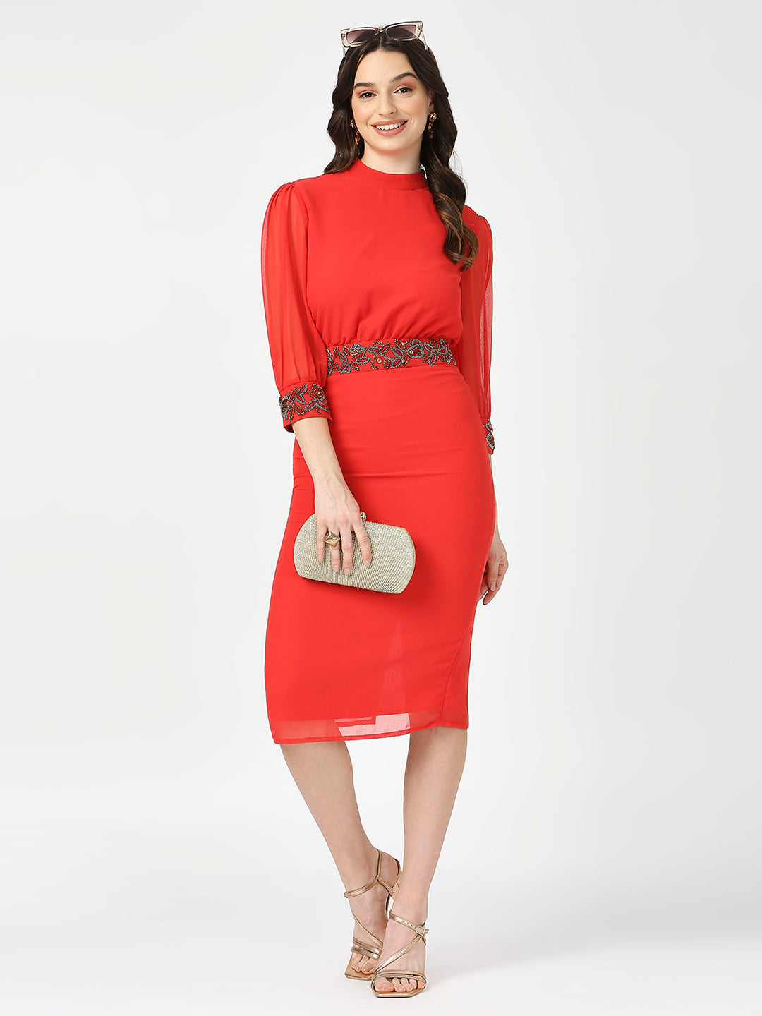 Red Embellished Midi Dress