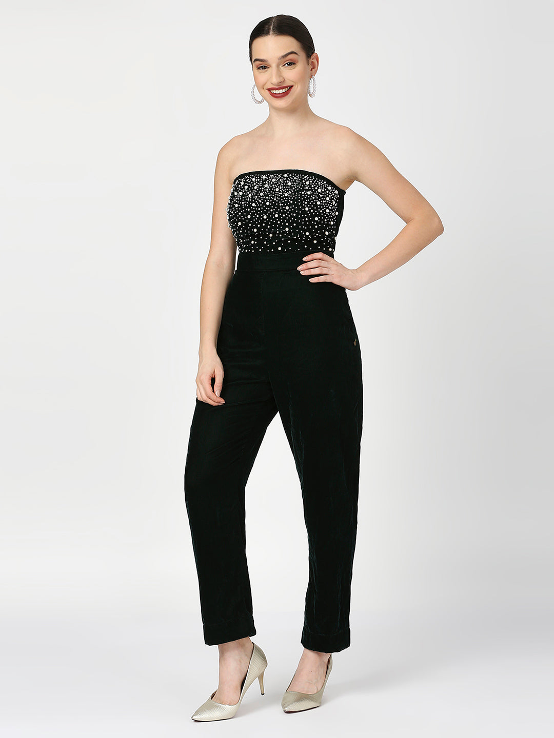 Rich Green Pearl Embellished Tube Jumpsuit