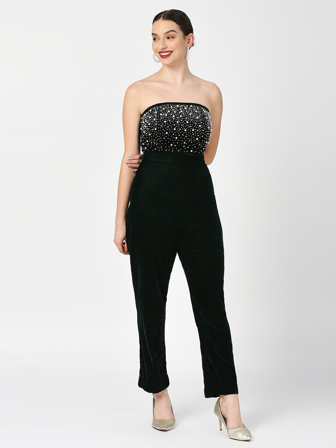 Rich Green Pearl Embellished Tube Jumpsuit