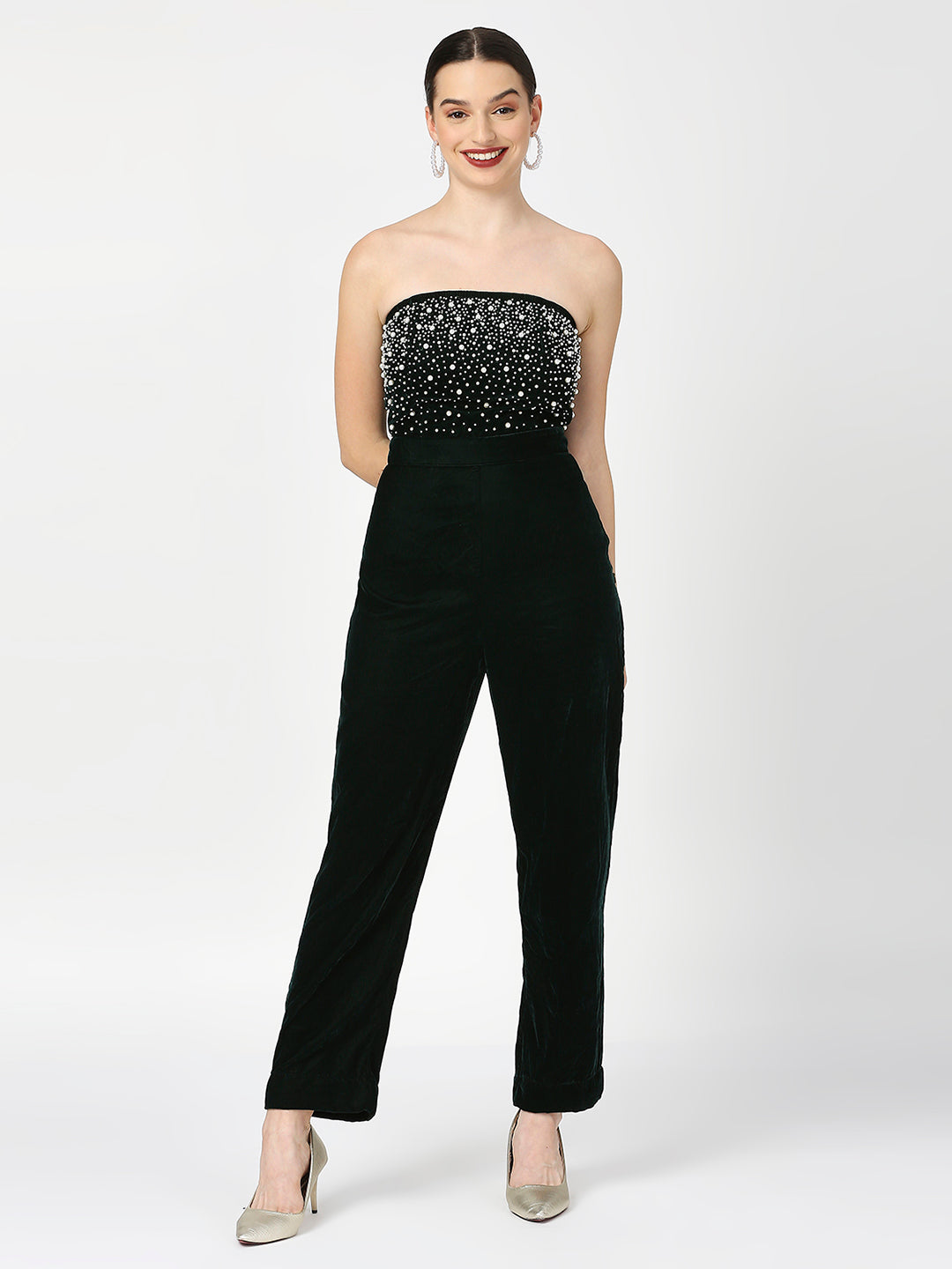 Rich Green Pearl Embellished Tube Jumpsuit