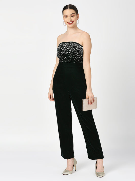 Rich Green Pearl Embellished Tube Jumpsuit