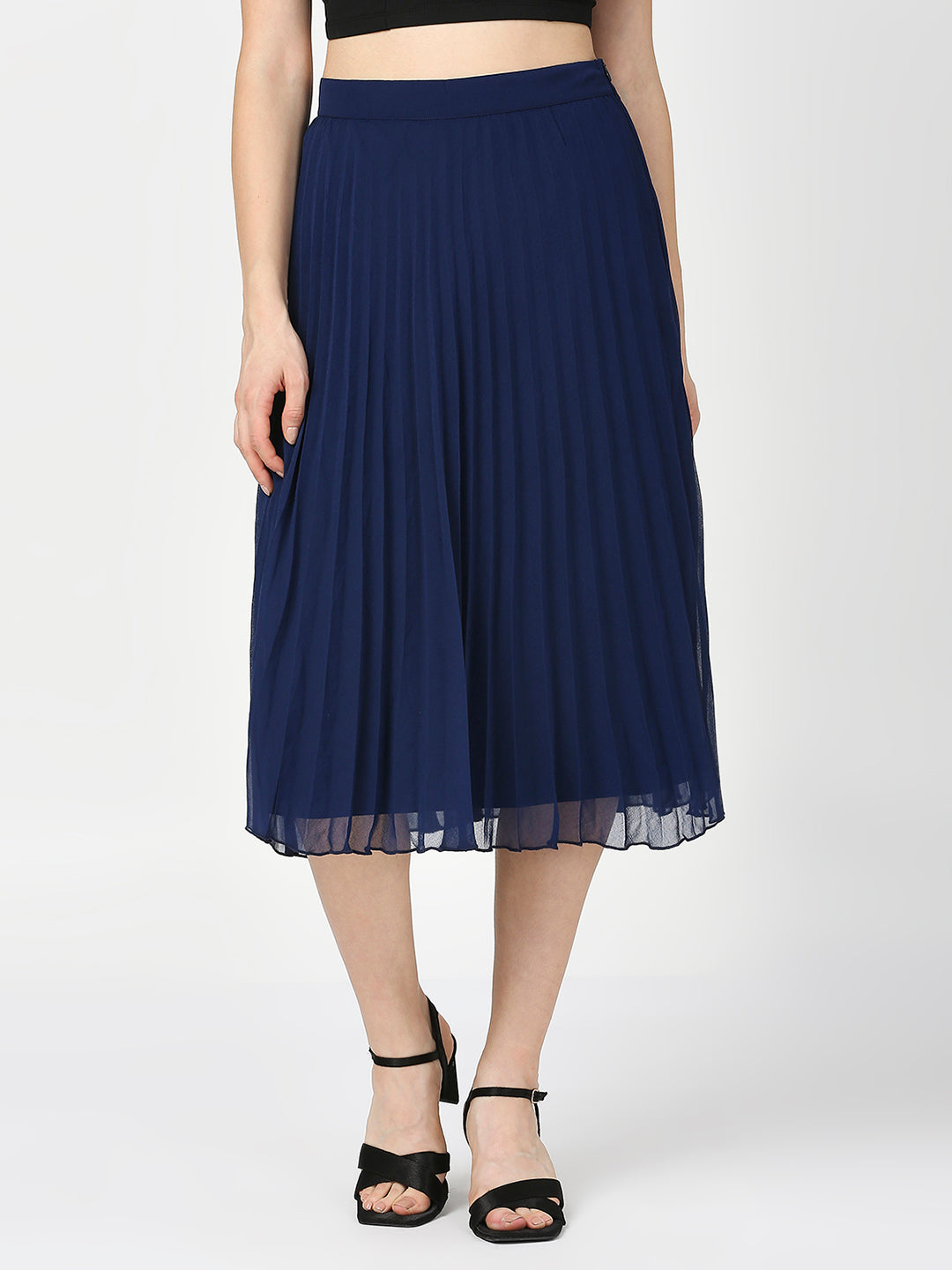 Navy Blue Pleated Midi Skirt