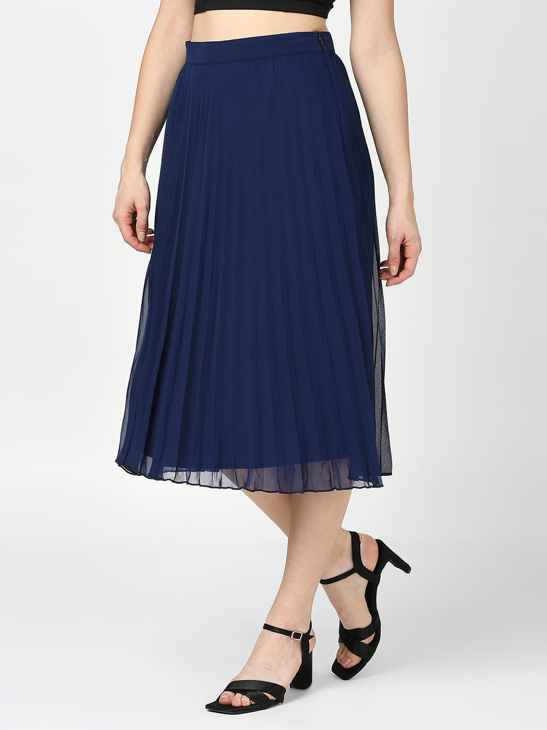 Navy Blue Pleated Midi Skirt