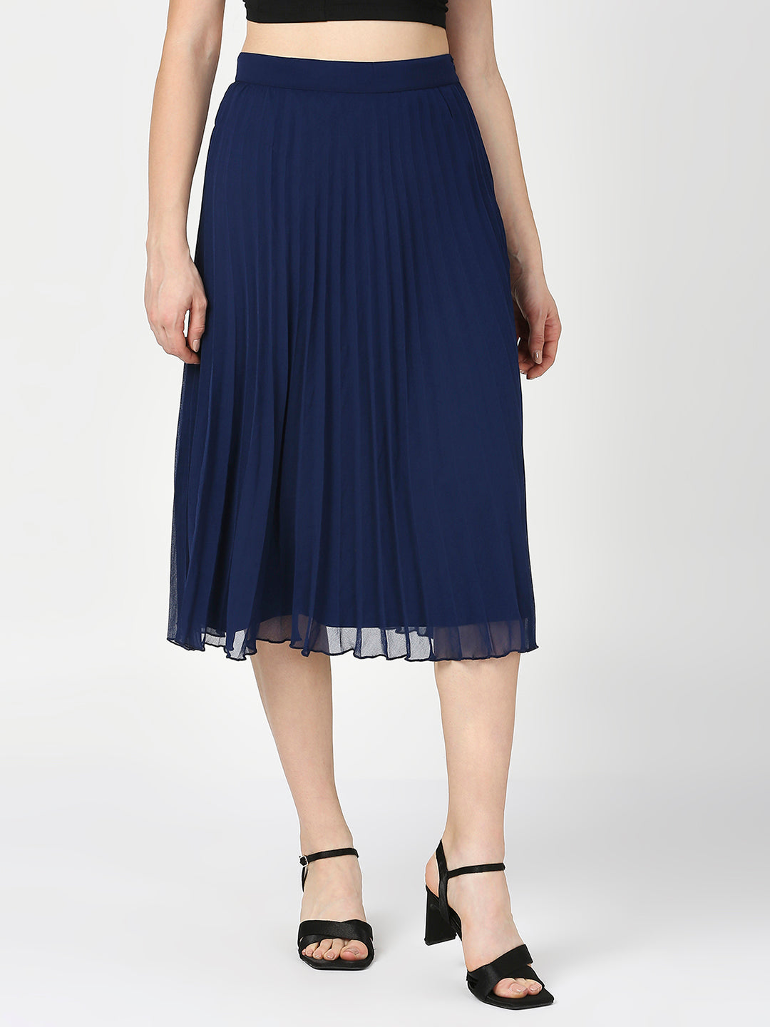 Navy Blue Pleated Midi Skirt