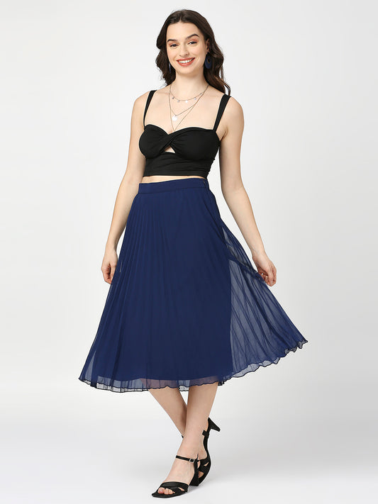 Navy Blue Pleated Midi Skirt