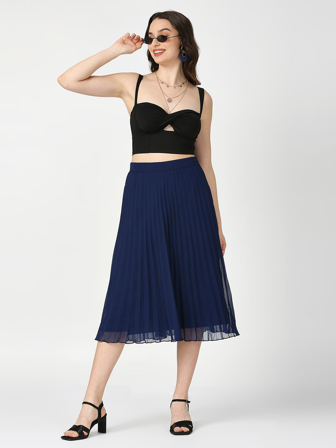 Navy Blue Pleated Midi Skirt