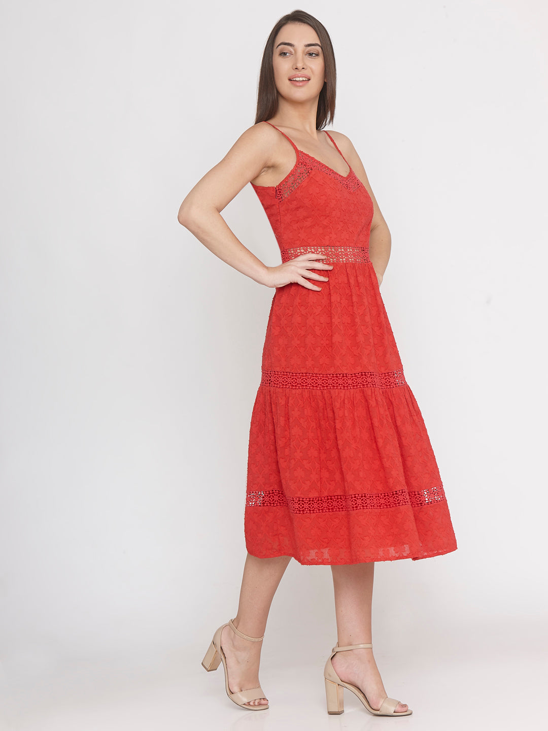 Red Lace Midi Dress