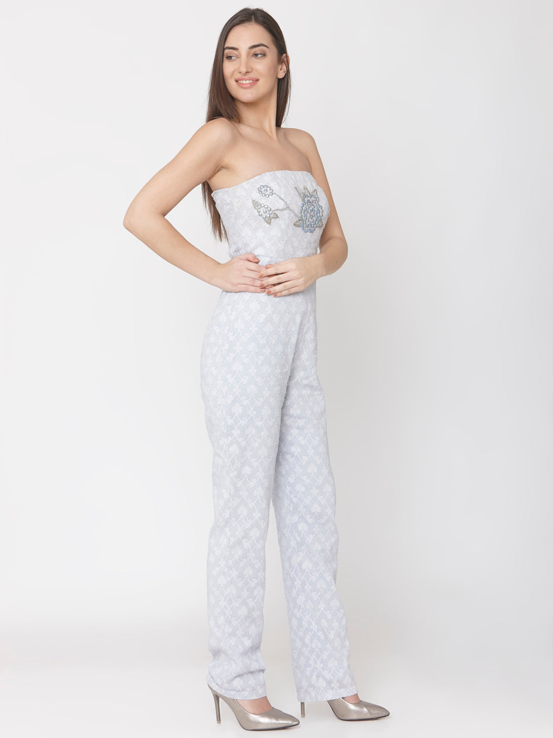 Lilac Cotton Jacquard Embellished Jumpsuit