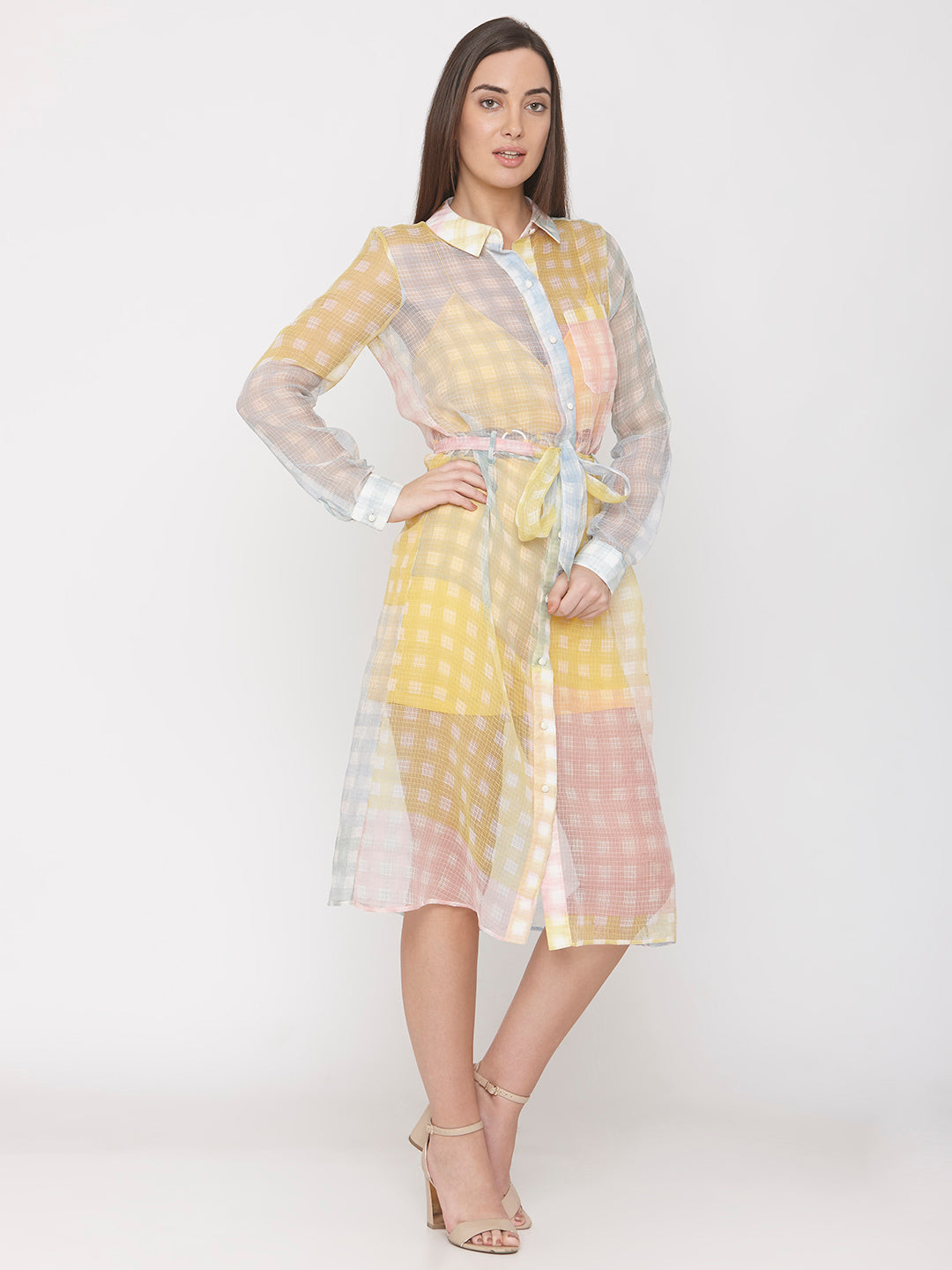 Multicolor Kota Checks Print Waist Tie-up Shirt Dress