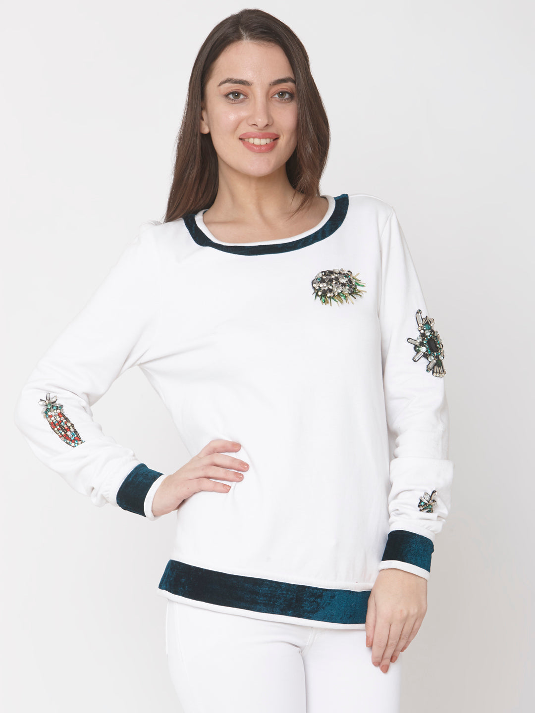 White Embellished Jersey Sweater Top