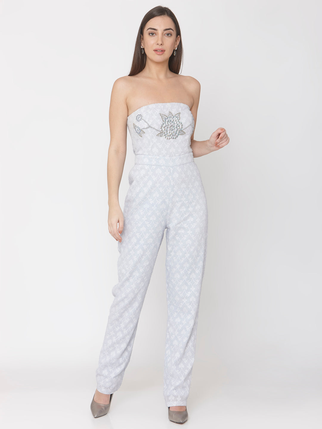 Lilac Cotton Jacquard Embellished Jumpsuit