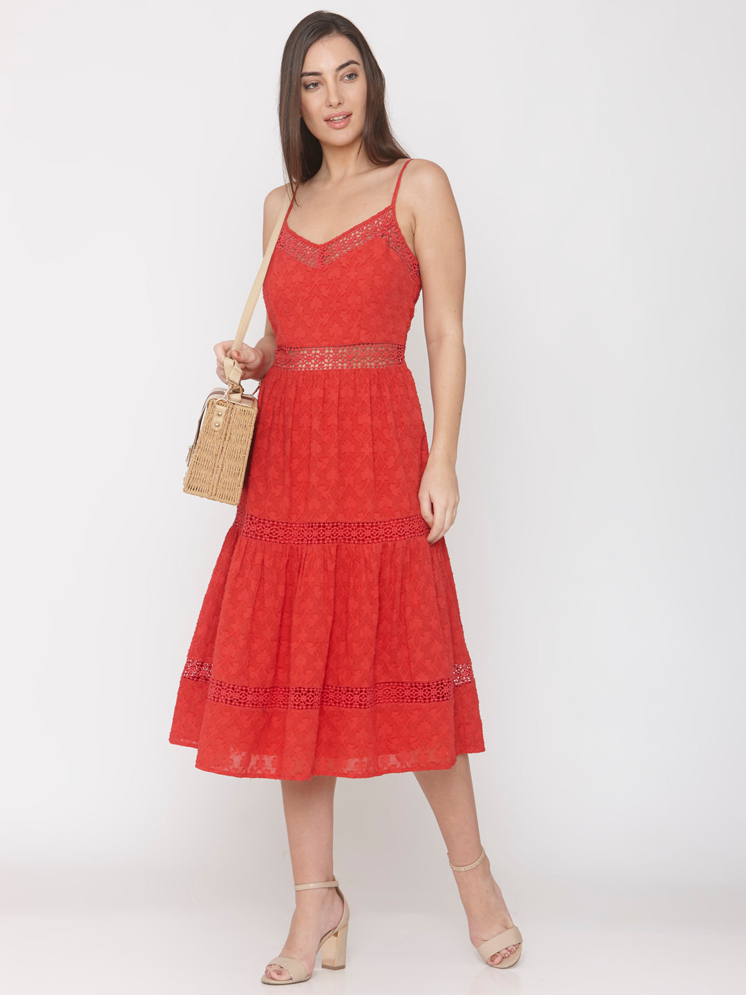 Red Lace Midi Dress